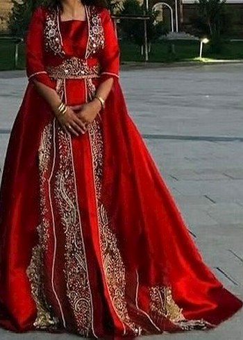 Uzun Kırmızı Desenli Kadın Bindallı Elbise - Görsel 2