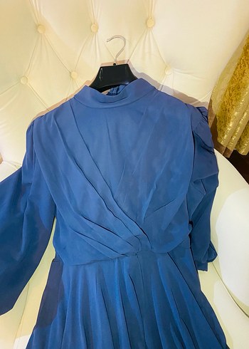 Mavi Drapeli Uzun Kadın Abiye Elbise - Görsel 3