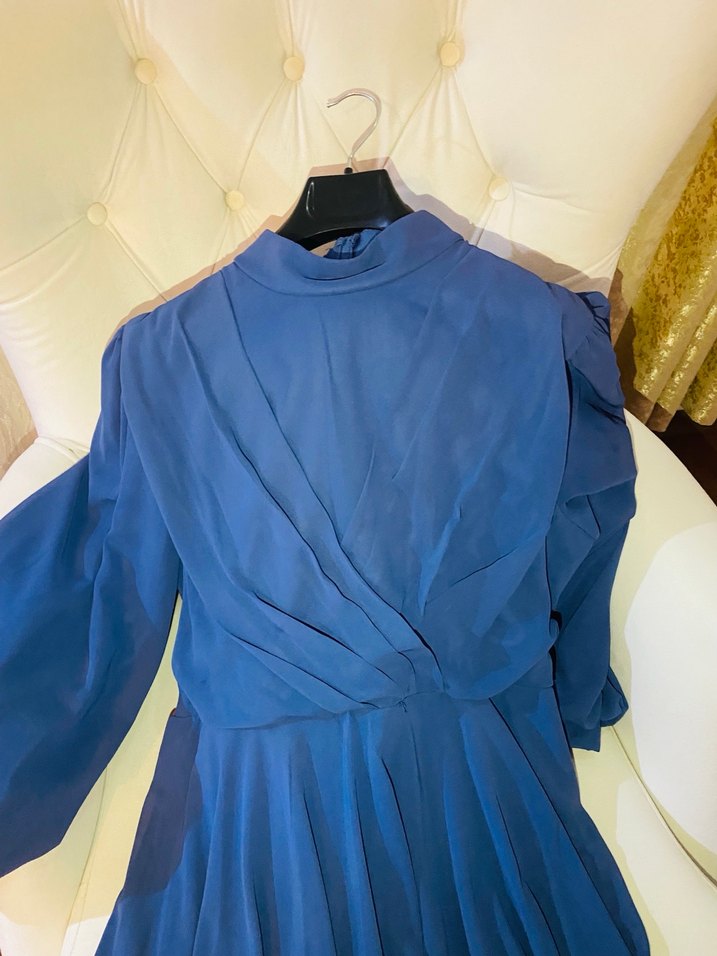 Mavi Drapeli Uzun Kadın Abiye Elbise - Görsel 4