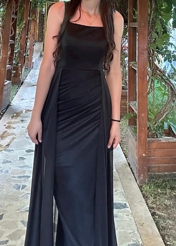 Siyah Uzun Drapeli  Abiye Elbise - Görsel 2