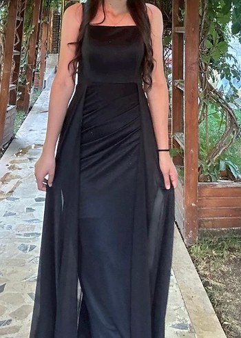 Siyah Uzun Drapeli  Abiye Elbise - Görsel 4