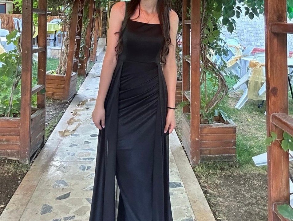 Siyah Uzun Drapeli  Abiye Elbise - Görsel 2