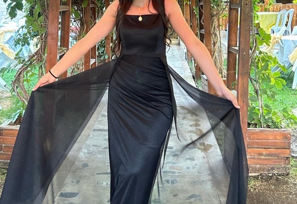 Siyah Uzun Drapeli  Abiye Elbise - Görsel 3