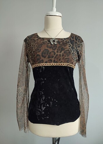 m Beden Transparan kadife detaylı vintage leopar üst