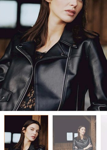 Kadın Siyah Deri Biker Ceket - Görsel 5