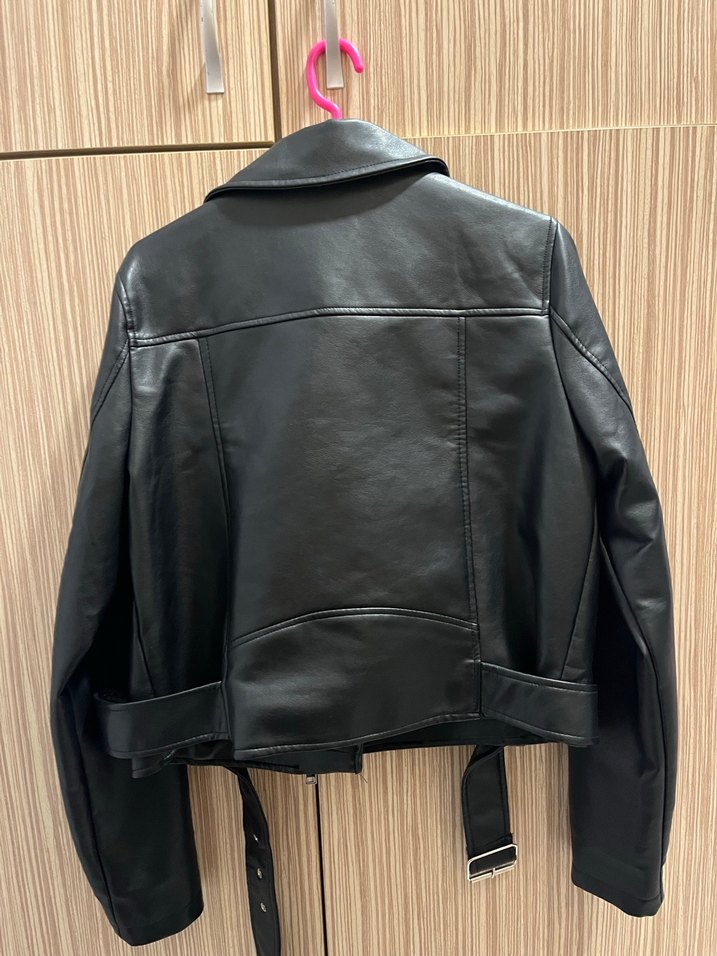 Kadın Siyah Deri Biker Ceket - Görsel 3