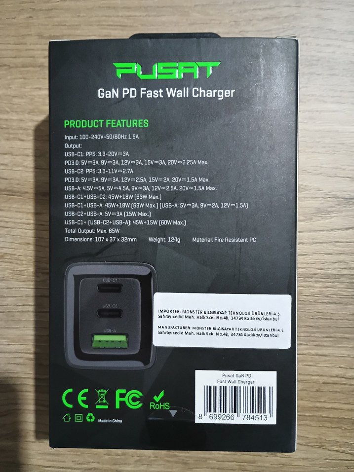 Monster Pusat 65W GaN PD Hızlı Siyah Duvar Şarj Cihazı - Görsel 2