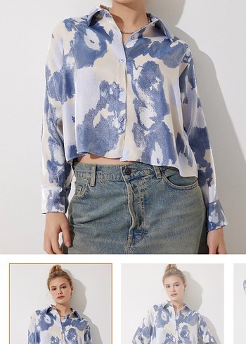 Mavi saten yüzeyli Kısa Kadın Gömlek - Görsel 2