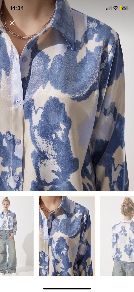 Mavi saten yüzeyli Kısa Kadın Gömlek - Görsel 3