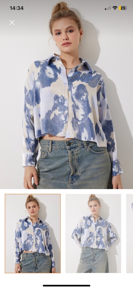 Mavi saten yüzeyli Kısa Kadın Gömlek - Görsel 2