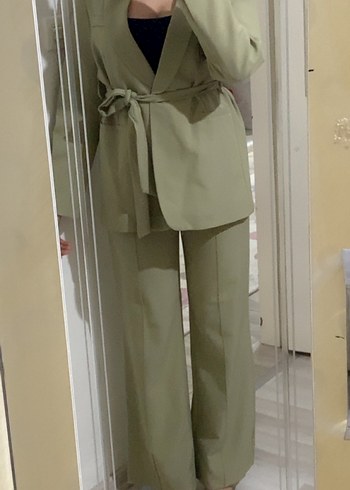 Kadın ikili kuşaklı blazer ceket pantolon takım haki - Görsel 3
