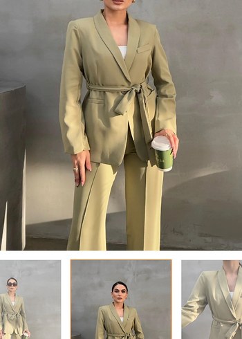 Kadın ikili kuşaklı blazer ceket pantolon takım haki - Görsel 2