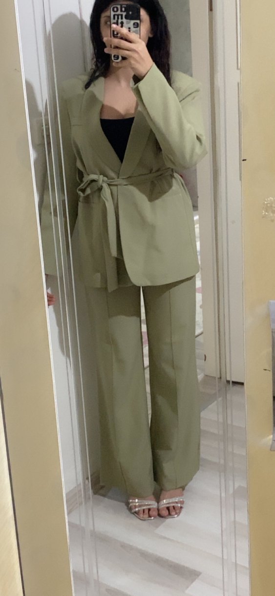 Kadın ikili kuşaklı blazer ceket pantolon takım haki - Görsel 3