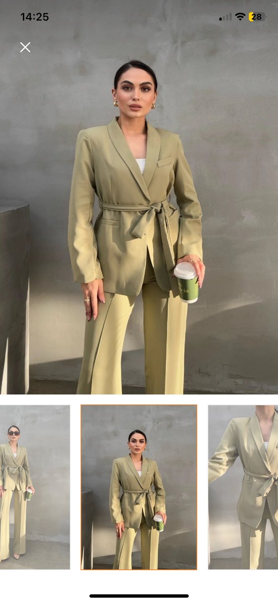 Kadın ikili kuşaklı blazer ceket pantolon takım haki - Görsel 2