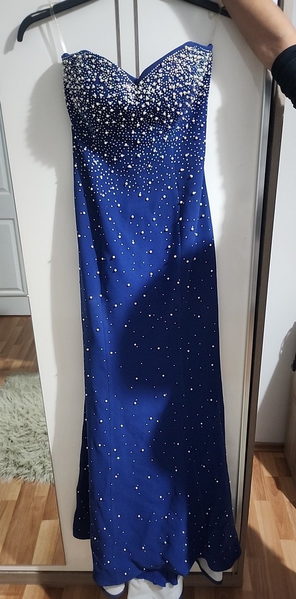 Mavi Straplez Payetli Uzun Abiye Elbise - Görsel 3