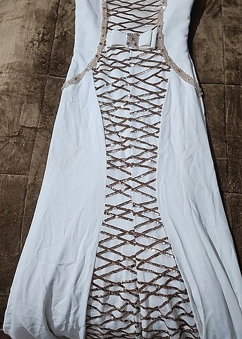 İnci İşlemeli Beyaz Uzun Abiye Elbise nişan söz elbisesi - Görsel 2