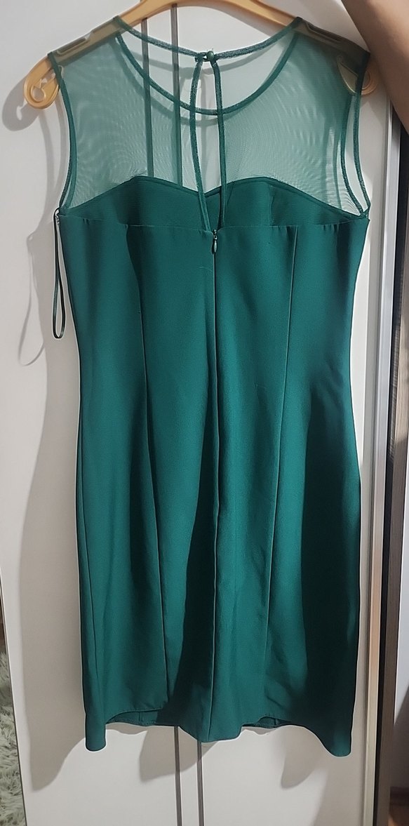 Yeşil V Yaka Uzun Klasik Elbise - Görsel 2