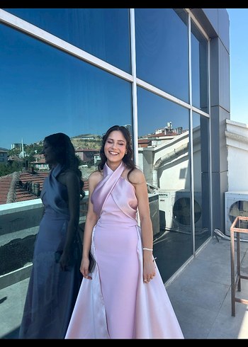 Pudra Renk Drapeli Uzun Abiye Elbise - Görsel 3