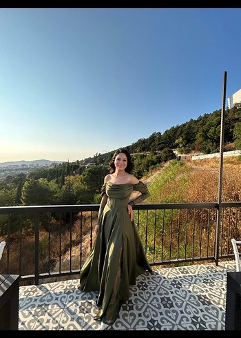 Uzun Kollu Straplez Haki Kadın Elbise - Görsel 5