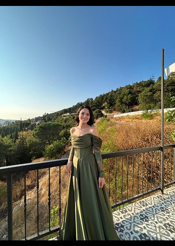 Uzun Kollu Straplez Haki Kadın Elbise - Görsel 6