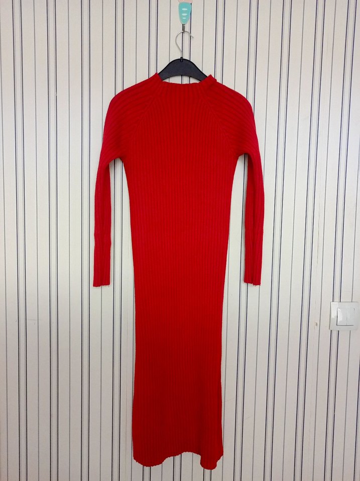 Kırmızı Uzun Kollu Triko Elbise - Görsel 2