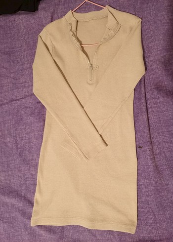 KREM YARIM FERMUARLI KISA TRİKO ELBİSE - Görsel 3