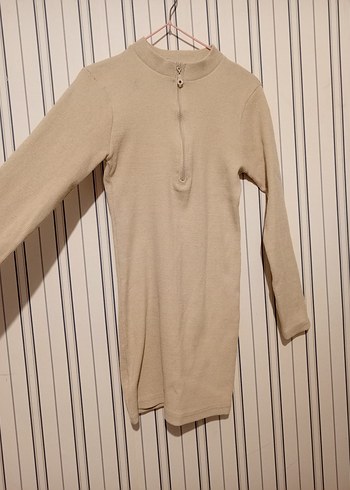 KREM YARIM FERMUARLI KISA TRİKO ELBİSE - Görsel 7