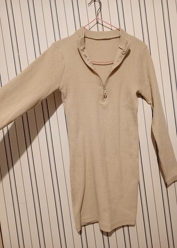 KREM YARIM FERMUARLI KISA TRİKO ELBİSE - Görsel 2