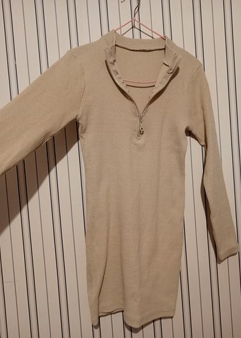 KREM YARIM FERMUARLI KISA TRİKO ELBİSE - Görsel 4