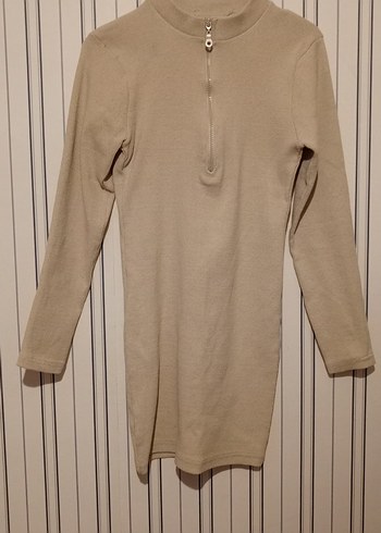 KREM YARIM FERMUARLI KISA TRİKO ELBİSE - Görsel 8