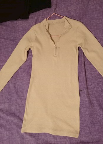 KREM YARIM FERMUARLI KISA TRİKO ELBİSE - Görsel 5