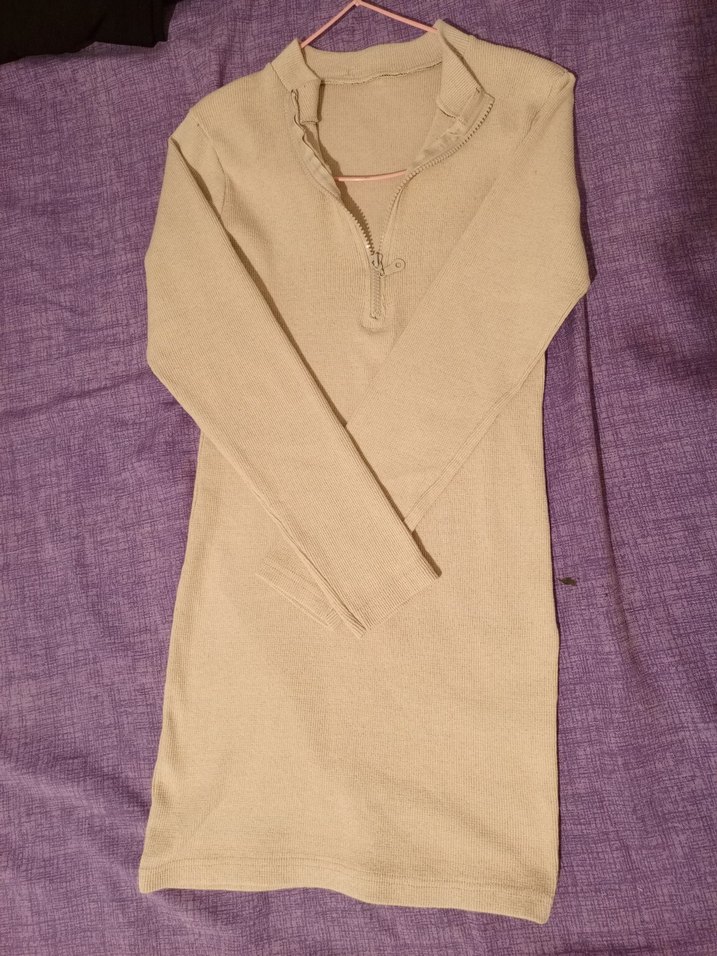 KREM YARIM FERMUARLI KISA TRİKO ELBİSE - Görsel 3