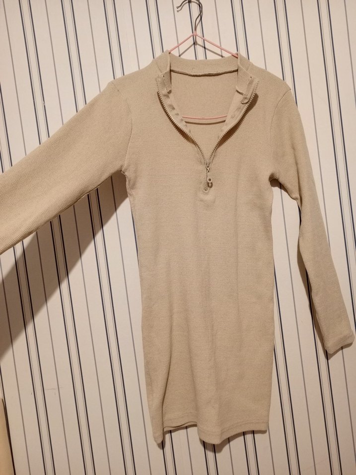 KREM YARIM FERMUARLI KISA TRİKO ELBİSE - Görsel 2