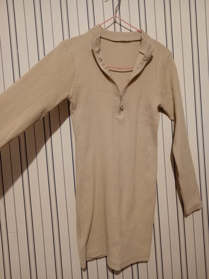 KREM YARIM FERMUARLI KISA TRİKO ELBİSE - Görsel 4