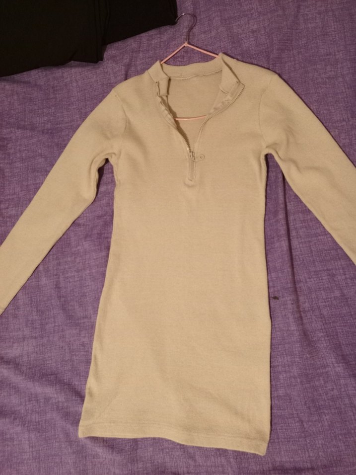 KREM YARIM FERMUARLI KISA TRİKO ELBİSE - Görsel 5