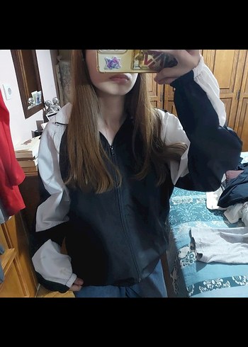universal Beden Siyah Beyaz Fermuarlı Y2k baggy paraşüt unisex ceket gofeel