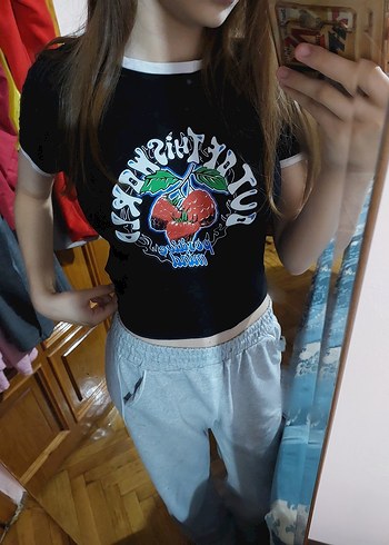 Diğer siyah Baskılı Kısa Kollu Tişört crop