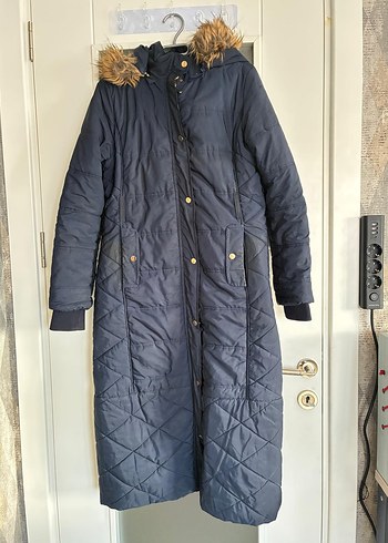 Düğmeli Uzun Lacivert Kadın Kışlık Mont - Görsel 2