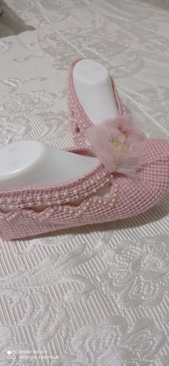 Boncuk İşlemeli Mor Örgü Kadın Terlik - Görsel 4