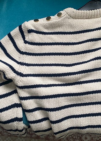 Beyaz Siyah  Çizgili Örgü Kadın Kazak - Görsel 2