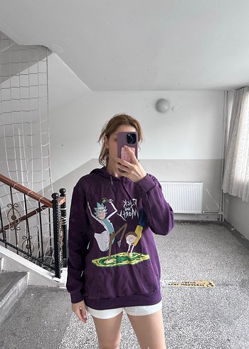 m Beden mor Renk Mor Kapüşonlu Baskılı Kadın Sweatshirt