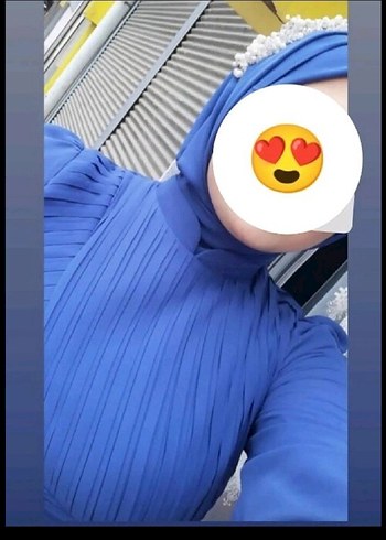 Uzun Kollu, Yüksek Yakalı Mavi Uzun Elbise - Görsel 2