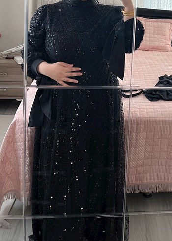 Boncuk İşlemeli Siyah Uzun Abiye Elbise - Görsel 4