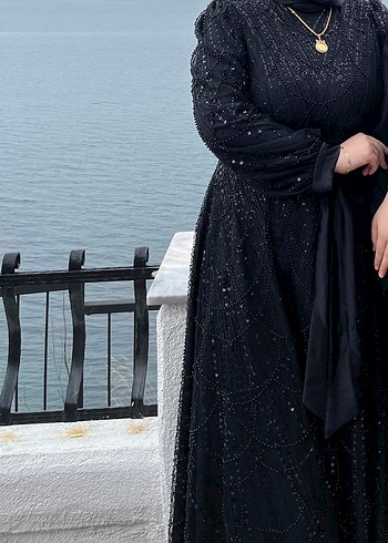 Boncuk İşlemeli Siyah Uzun Abiye Elbise - Görsel 3