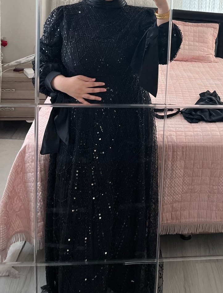 Boncuk İşlemeli Siyah Uzun Abiye Elbise - Görsel 4