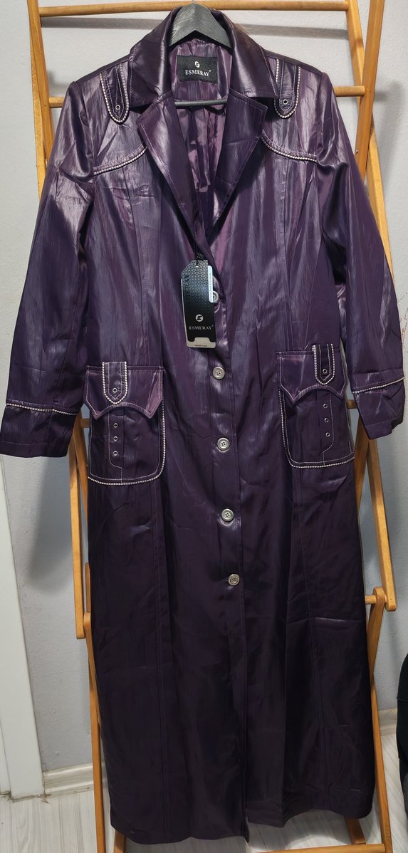 Düğmeli Parlak Mor Deri Görünümlü Kadın Uzun Yağmurluk-Pardesü - Görsel 2