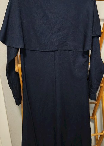 Lacivert pelerin Yaka Pamuklu Keten Midi Elbise - Görsel 3