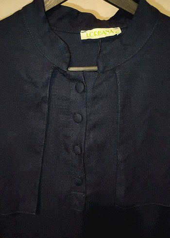 Lacivert pelerin Yaka Pamuklu Keten Midi Elbise - Görsel 6