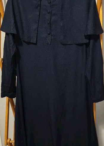 Lacivert pelerin Yaka Pamuklu Keten Midi Elbise - Görsel 4