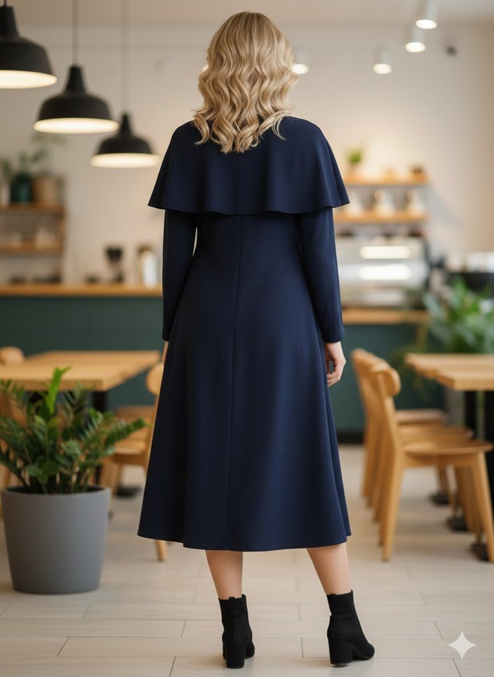 Lacivert pelerin Yaka Pamuklu Keten Midi Elbise - Görsel 2